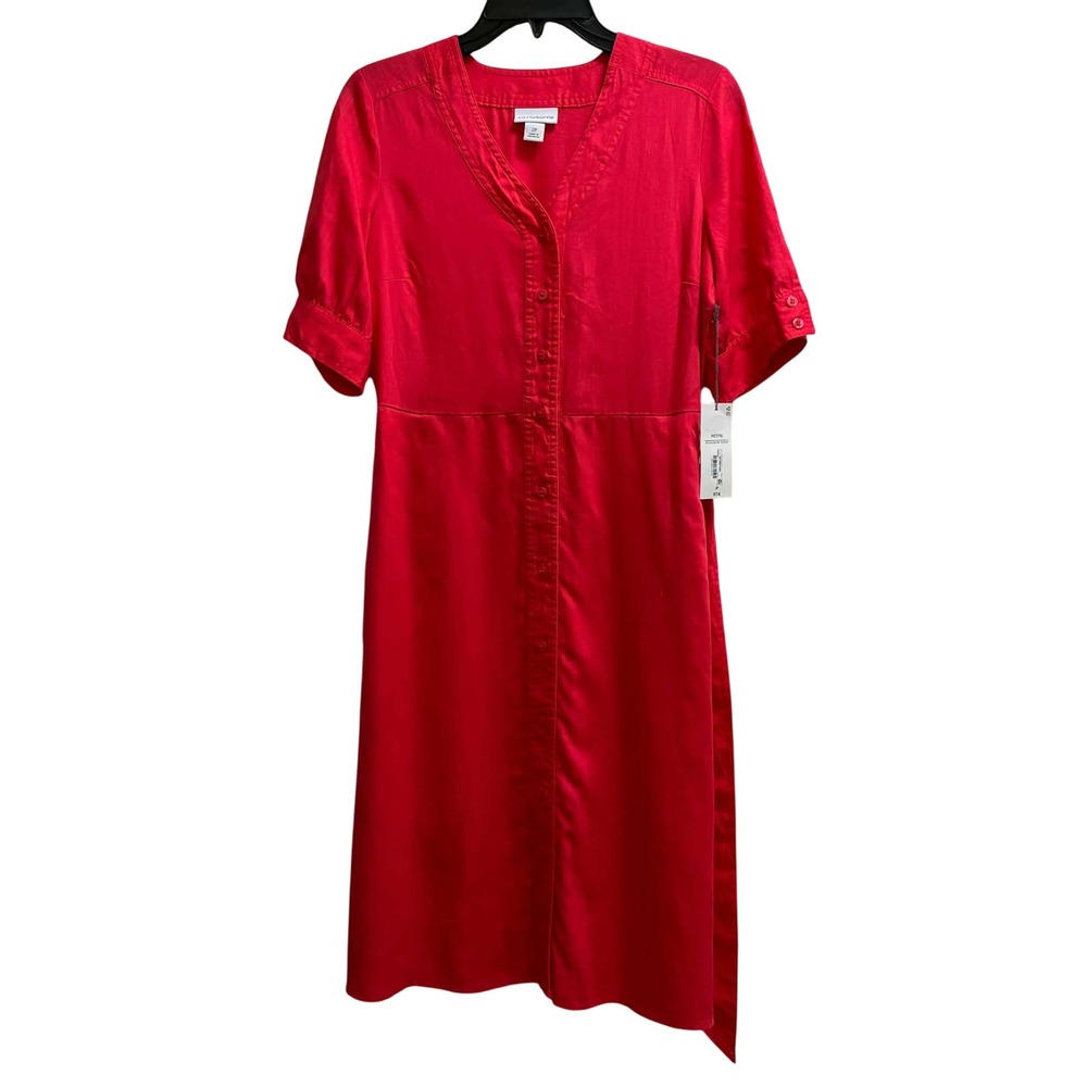 Liz Claiborne Midi Dress Womens 2P Red Tencel Button Front Short Sleeve Petite